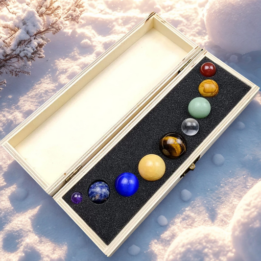 Solar System 9 Planets Natural Gemstone Ball Set, With Wooden Box